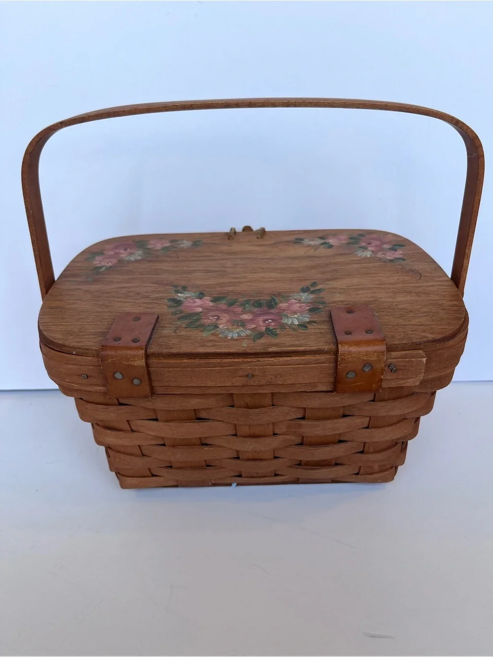 Vintage Longaberger Floral Hand Painted Basket with Handles Purse Picnic Basket